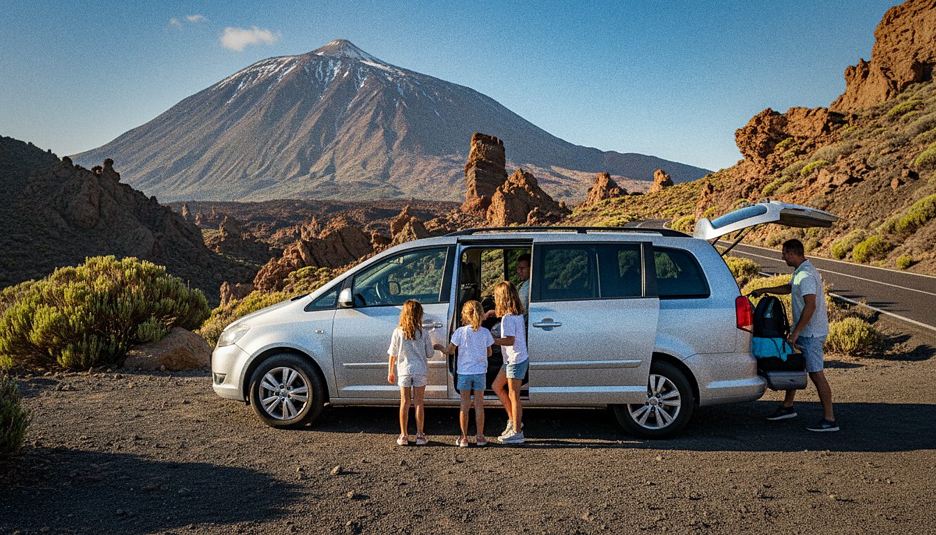 Familia subiendo a un monovolumen de 7 plazas junto a la carretera del Teide en Tenerife
