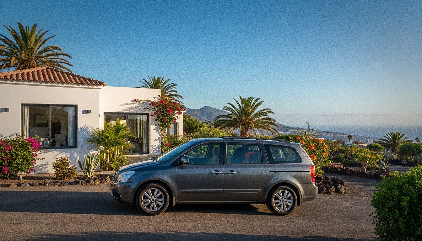 Monovolumen de 7 plazas aparcado frente a una villa en el sur de Tenerife listo para una familia