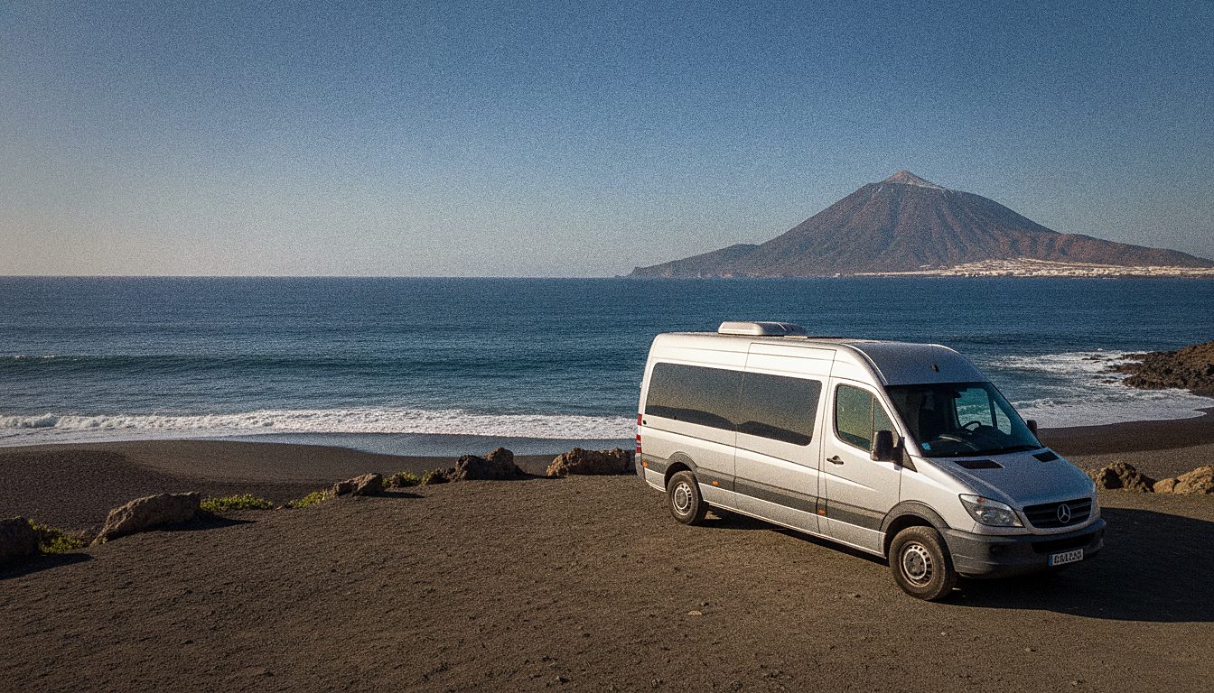 Furgoneta de 9 plazas aparcada frente a una playa de Tenerife con el Teide al fondo