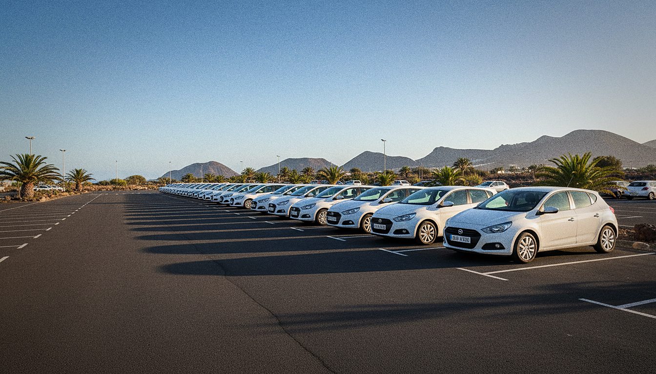 Fila de coches de la flota de Autoreisen en un aparcamiento de Tenerife