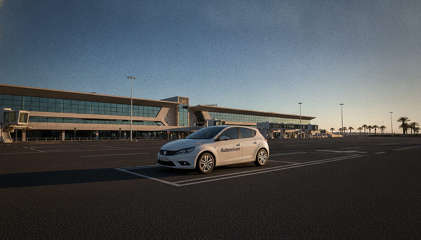 Coche de alquiler de Autoreisen aparcado frente al aeropuerto de Tenerife Sur