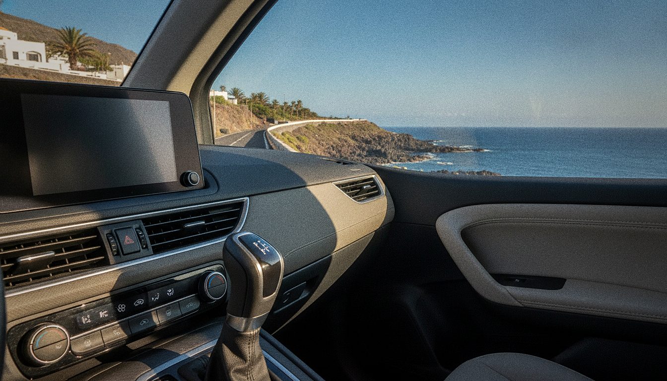 Interior de un coche automático de alquiler con la palanca de cambios y vistas a la costa de Tenerife