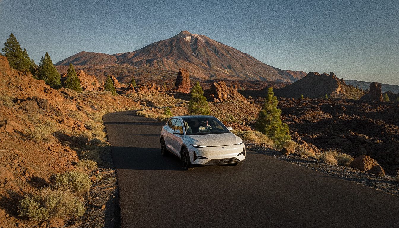 Coche automático de alquiler subiendo una carretera de montaña hacia el Teide en Tenerife
