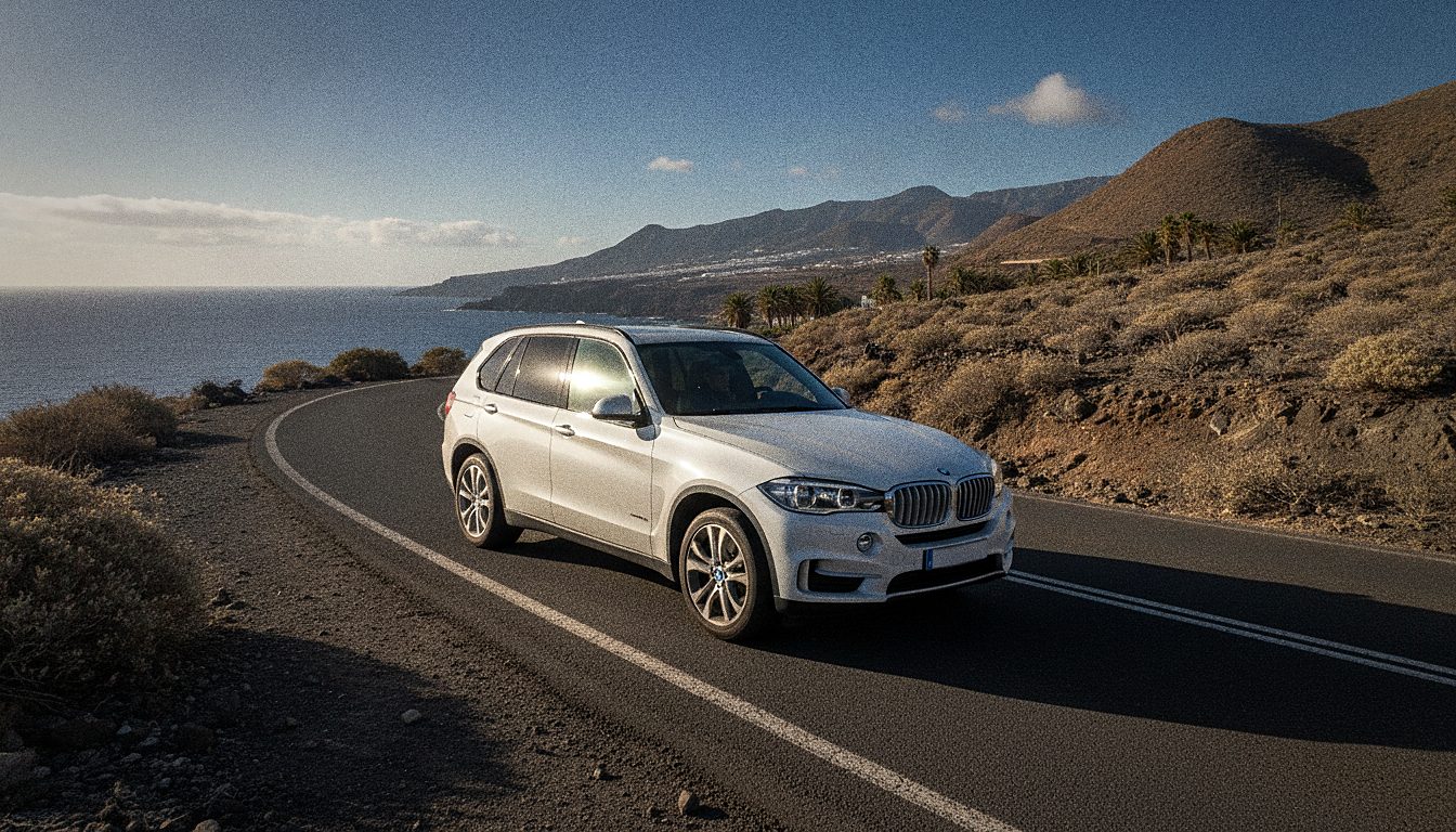 BMW X5 SUV premium de alquiler circulando por una carretera del sur de Tenerife