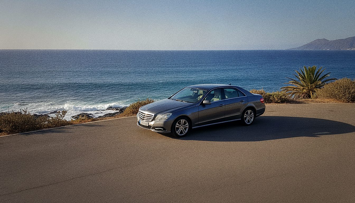 Mercedes Clase E de alquiler aparcado frente al mar en el sur de Tenerife