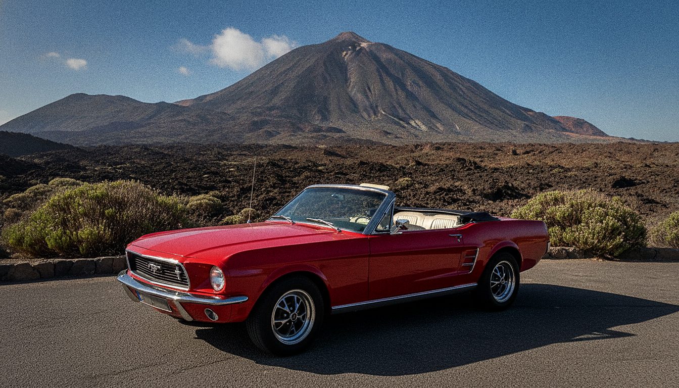 Ford Mustang Convertible aparcado frente al Teide en Tenerife