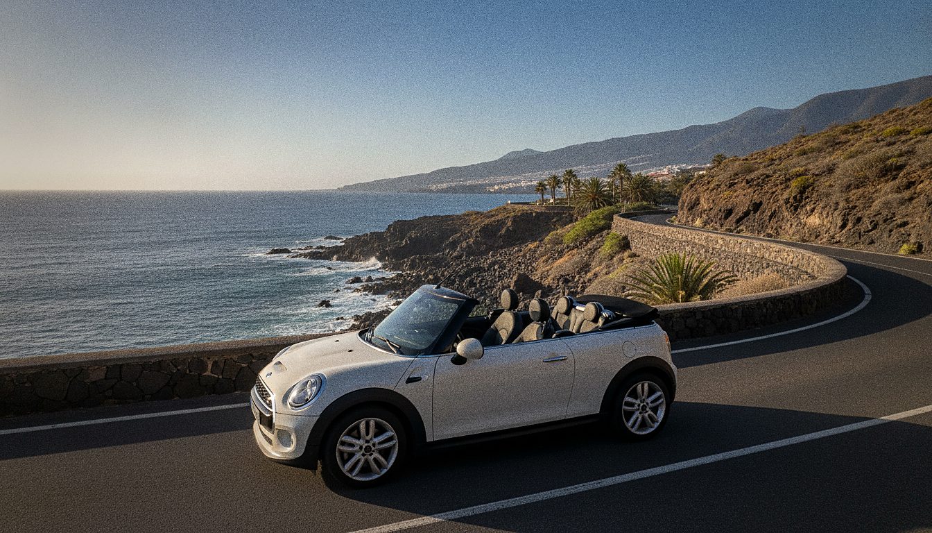 Mini Cabrio descapotable circulando por una carretera costera de Tenerife con capota bajada