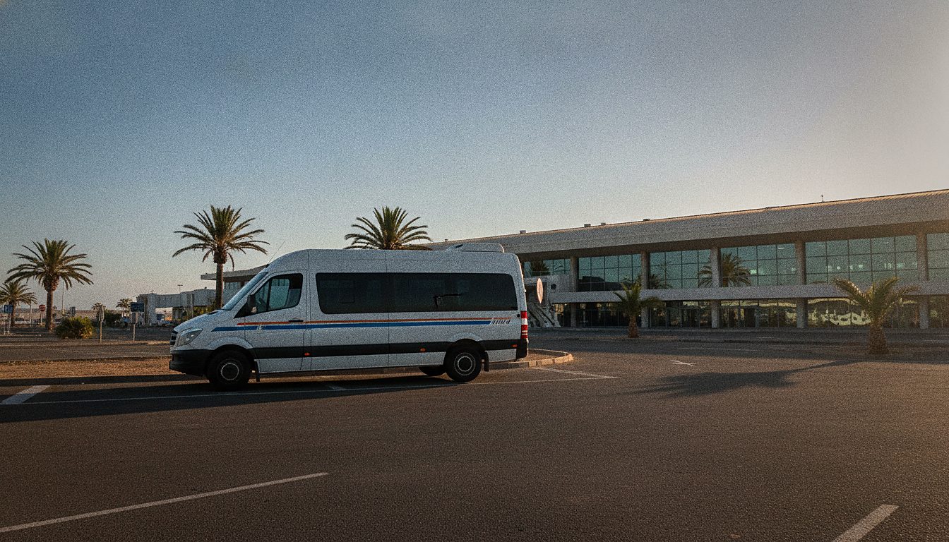 Furgoneta de pasajeros aparcada frente al aeropuerto de Tenerife Sur