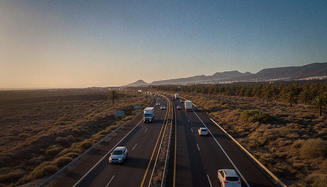 Autopista TF-1 en Tenerife con coches circulando por la derecha entre el sur y Santa Cruz