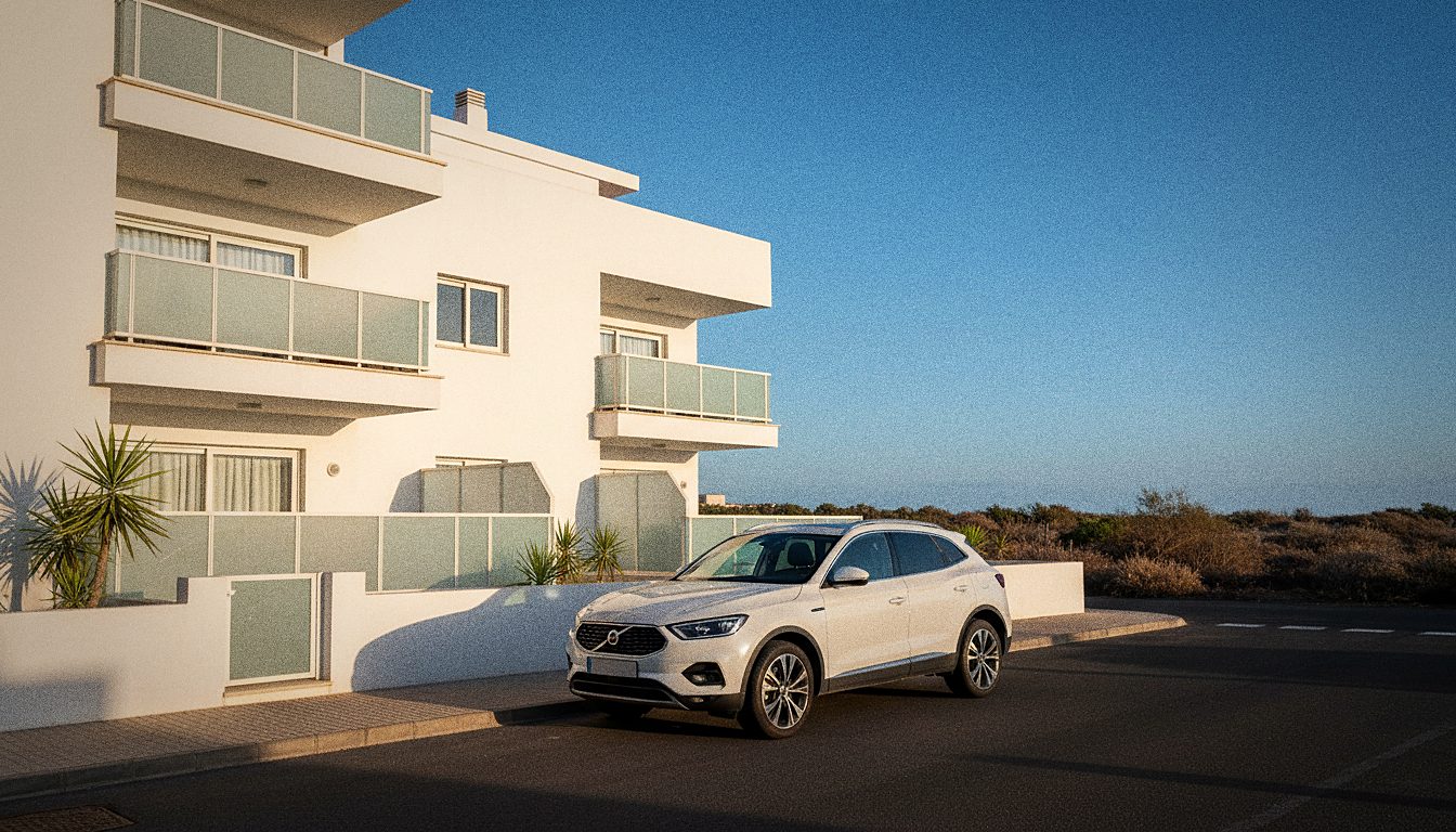 Coche de alquiler de larga duración aparcado frente a un apartamento en el sur de Tenerife