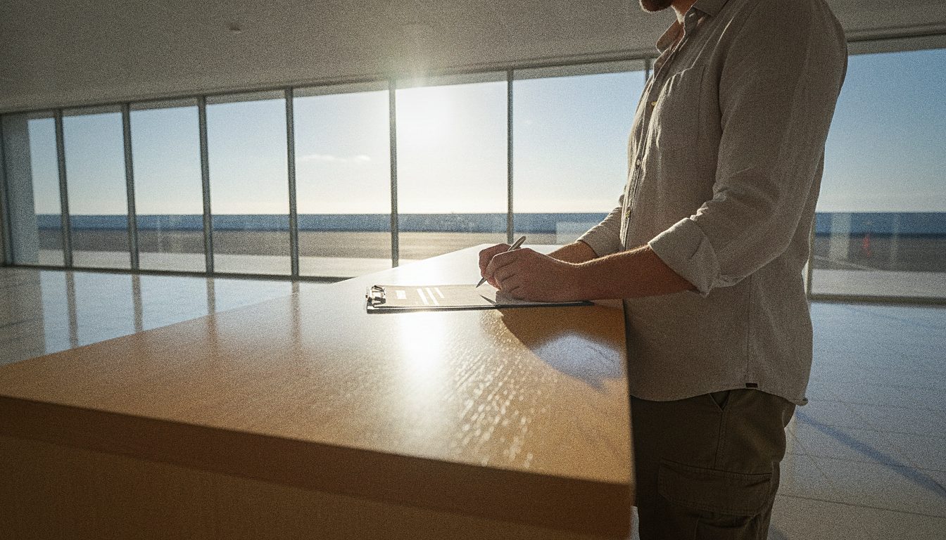 Viajera firmando el contrato de alquiler sin depósito en el mostrador del aeropuerto de Tenerife Norte