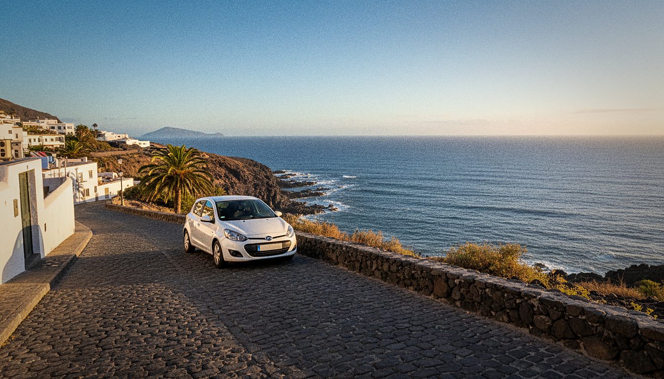 Coche de alquiler pequeño aparcado en una calle de Tenerife con el mar al fondo