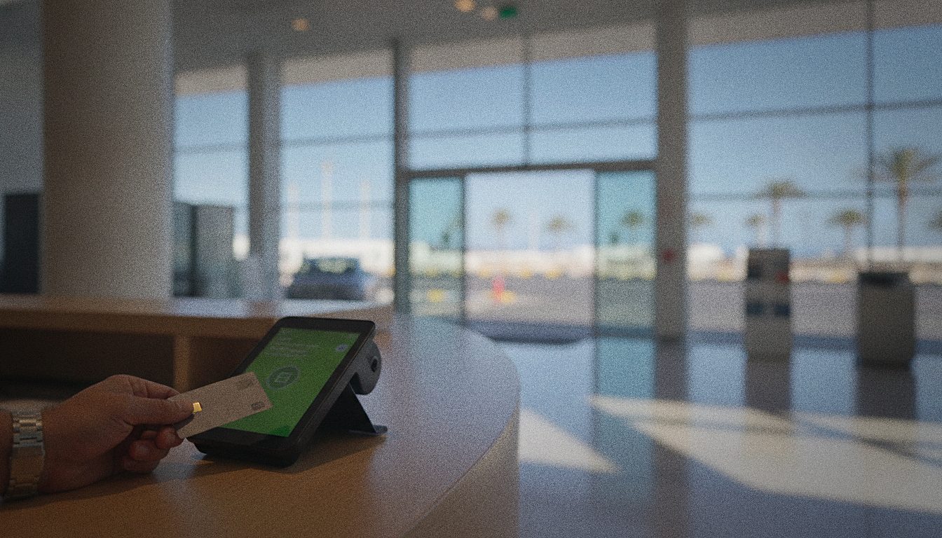 Turista pagando con tarjeta de débito en el mostrador de una compañía de alquiler de coches en el aeropuerto de Tenerife