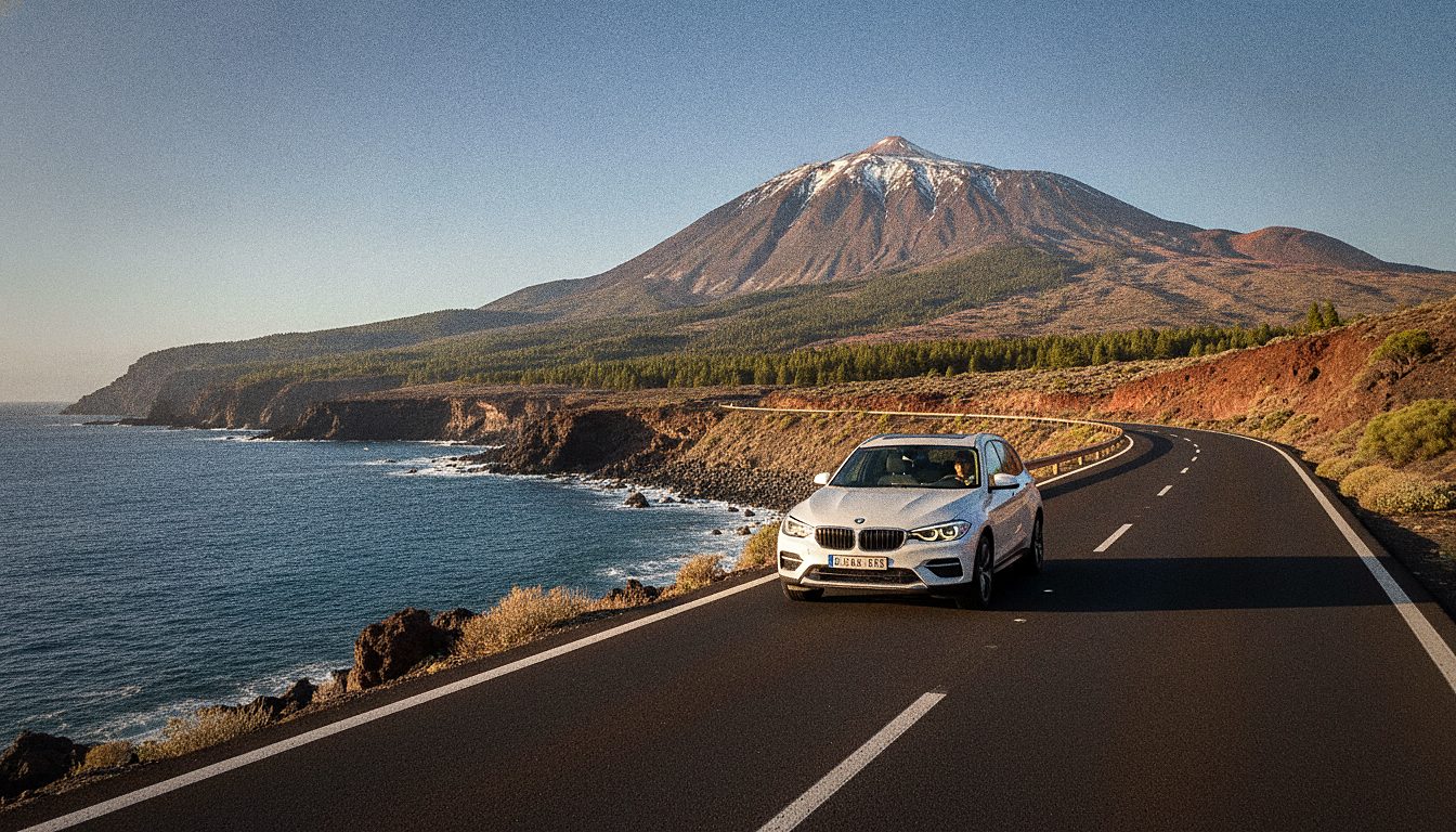 Coche de alquiler en una carretera costera de Tenerife con el Teide al fondo