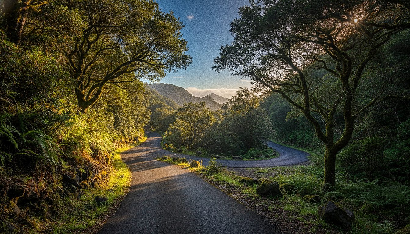 Carretera de montaña en el Parque Rural de Anaga con vegetación de laurisilva, cerca de Tenerife Norte