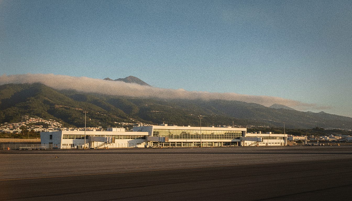 Terminal del aeropuerto de Tenerife Norte, Los Rodeos, con montañas verdes al fondo