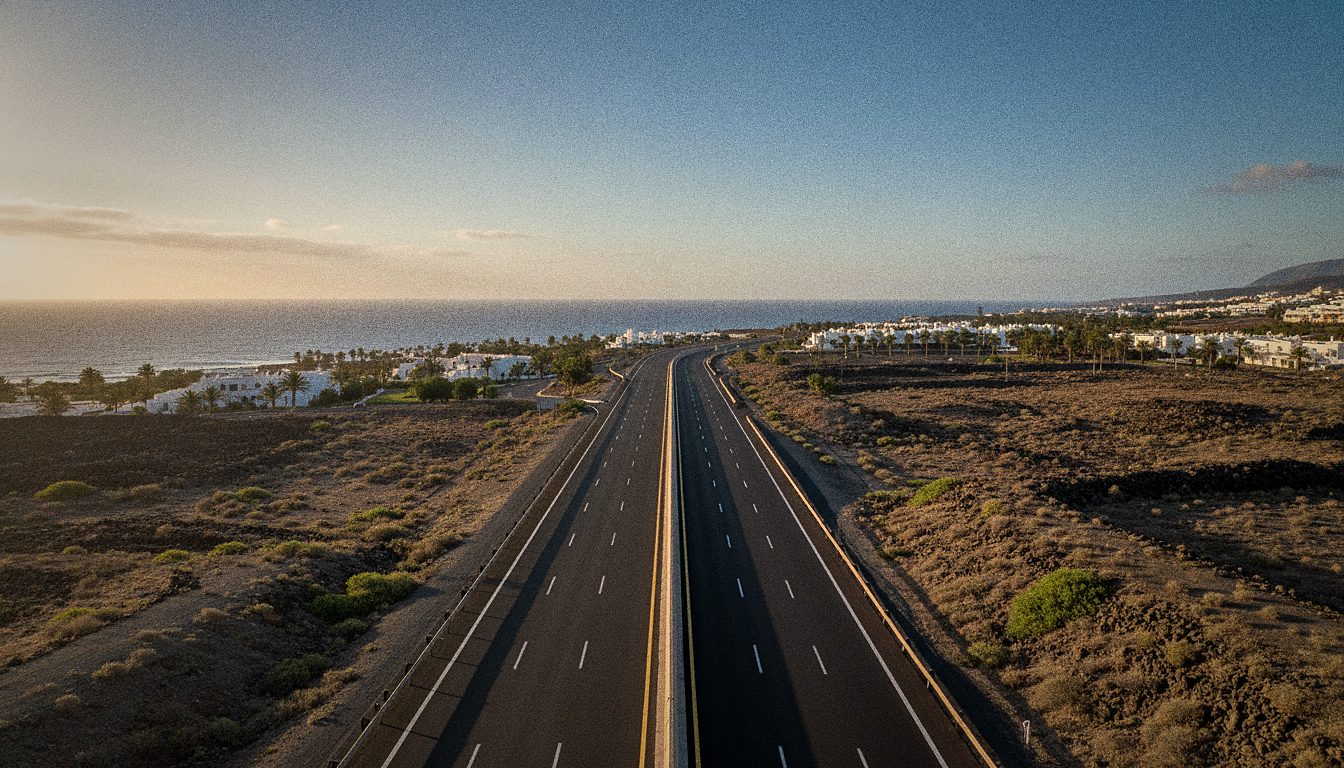 Vista de la autopista TF-1 saliendo del aeropuerto de Tenerife Sur hacia Costa Adeje