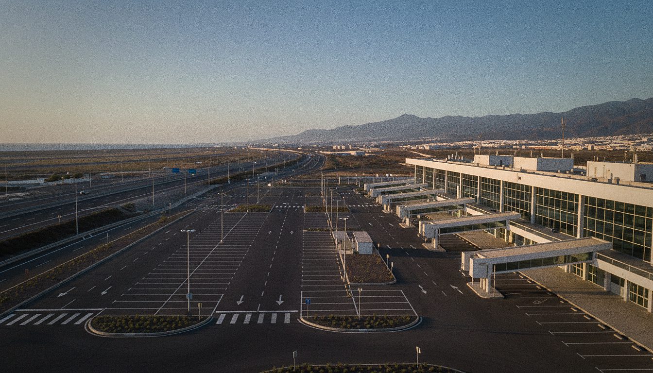 Terminal de llegadas del aeropuerto de Tenerife Sur con la autopista TF-1 al fondo