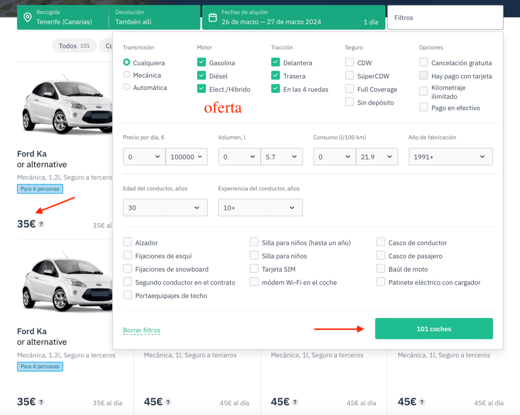 Precio de las Ofertas de Alquiler de Coches en Tenerife